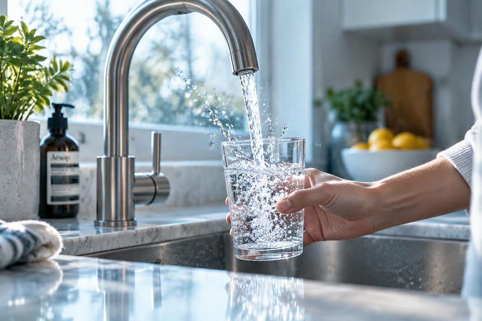 A glass being filled with clear filtered water at a kitchen faucet